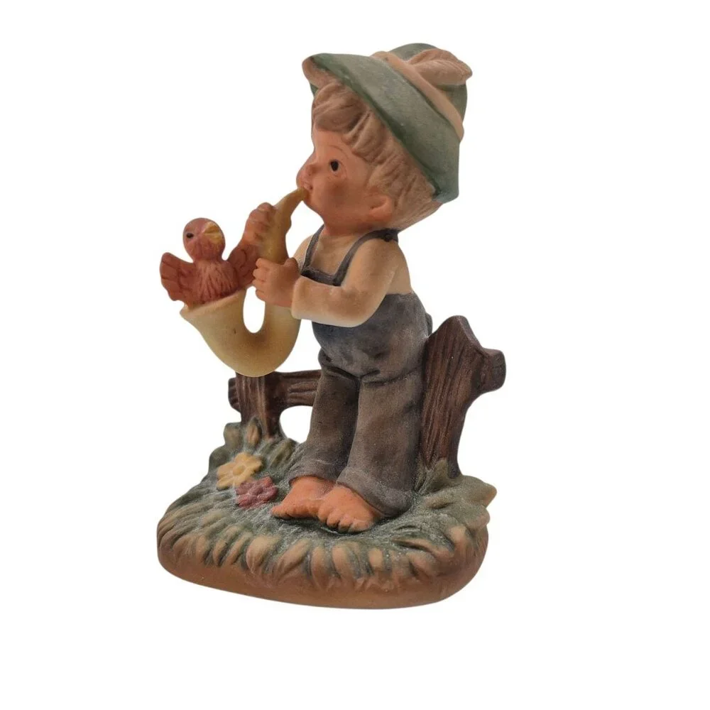 Napco Boy Figurine Boy Playing Saxophone Bird Fence Vintage Japan Porcelain - Picture 8 of 10